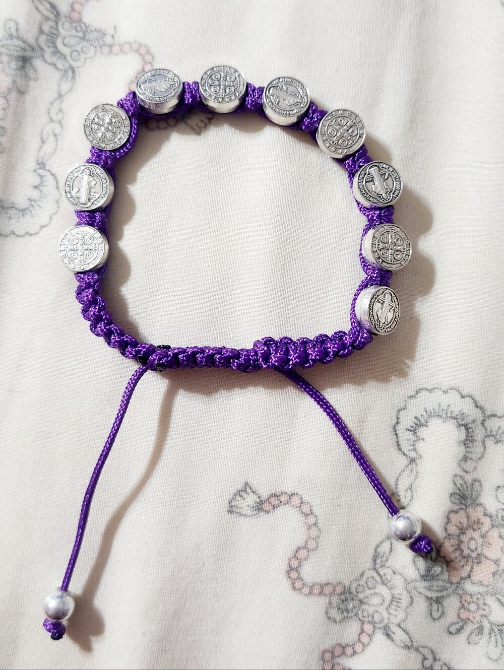 St. Benedict Purple Knotted Bead Bracelet with Silver Religious Medallions